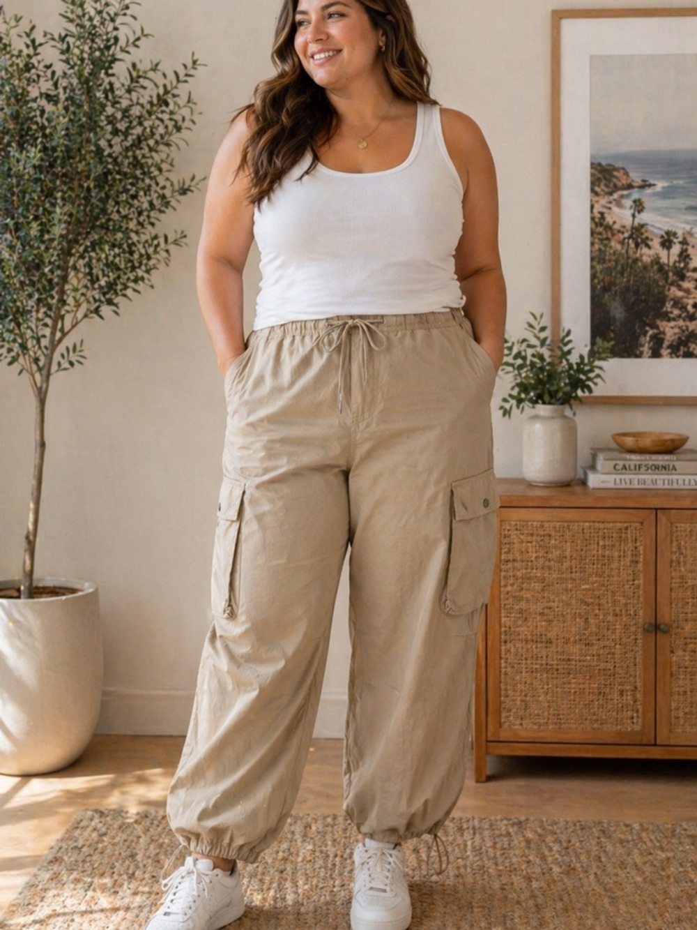 Universal Thread Khaki Cargo Pants XL Elastic Waist Drawstring Utility